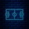 Glowing neon Football field or soccer field icon isolated on brick wall background. Vector