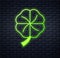 Glowing neon Four leaf clover icon isolated on brick wall background. Happy Saint Patricks day. National Irish holiday