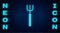 Glowing neon Garden pitchfork icon isolated on brick wall background. Garden fork sign. Tool for horticulture