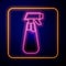 Glowing neon Garden sprayer for water, fertilizer, chemicals icon isolated on black background. Vector