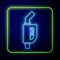 Glowing neon Gasoline pump nozzle icon isolated on blue background. Fuel pump petrol station. Refuel service sign. Gas