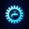 Glowing neon Gearwheel with tap icon  on brick wall background. Plumbing work symbol