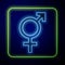Glowing neon Gender icon isolated on blue background. Symbols of men and women. Sex symbol. Vector