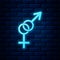 Glowing neon Gender icon isolated on brick wall background. Symbols of men and women. Sex symbol