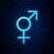 Glowing neon Gender icon isolated on brick wall background. Symbols of men and women. Sex symbol