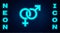 Glowing neon Gender icon isolated on brick wall background. Symbols of men and women. Sex symbol. Vector