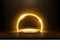 Glowing neon golden circle with sparkles in fog on gold podium. Abstract round electric light frame on dark background