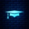 Glowing neon Graduation cap icon isolated on brick wall background. Graduation hat with tassel icon. Vector