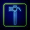 Glowing neon Hammer icon isolated on blue background. Tool for repair. Vector