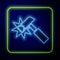 Glowing neon Hammer icon isolated on blue background. Tool for repair. Vector