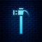 Glowing neon Hammer icon isolated on brick wall background. Tool for repair. Vector