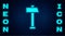 Glowing neon Hammer icon isolated on brick wall background. Tool for repair. Vector Illustration