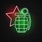 Glowing neon Hand grenade icon isolated on brick wall background. Bomb explosion. Vector