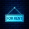 Glowing neon Hanging sign with text For rent icon isolated on brick wall background. Vector