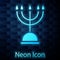 Glowing neon Hanukkah menorah icon isolated on brick wall background. Hanukkah traditional symbol. Holiday religion