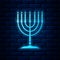 Glowing neon Hanukkah menorah icon isolated on brick wall background. Religion icon. Hanukkah traditional symbol