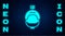 Glowing neon Helmet and action camera icon isolated on brick wall background. Vector Illustration