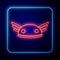 Glowing neon Helmet with wings icon isolated on black background. Greek god Hermes. Vector