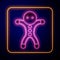 Glowing neon Holiday gingerbread man cookie icon isolated on black background. Cookie in shape of man with icing. Vector