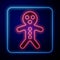 Glowing neon Holiday gingerbread man cookie icon isolated on blue background. Cookie in shape of man with icing. Vector