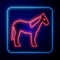 Glowing neon Horse icon isolated on blue background. Animal symbol. Vector