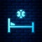 Glowing neon Hospital Bed with Medical symbol of the Emergency - Star of Life icon isolated on brick wall background