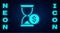 Glowing neon Hourglass with dollar icon isolated on brick wall background. Money time. Sandglass and money. Growth