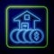 Glowing neon House with dollar symbol icon isolated on blue background. Home and money. Real estate concept. Vector