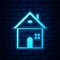 Glowing neon House icon isolated on brick wall background. Home symbol. Vector