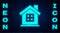 Glowing neon House icon isolated on brick wall background. Home symbol. Vector