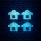 Glowing neon House icon isolated on brick wall background. Real estate agency or cottage town elite class. Vector