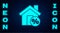 Glowing neon House with percant discount tag icon isolated on brick wall background. House percentage sign price. Real