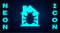 Glowing neon House system bug concept icon isolated on brick wall background. Code bug concept. Bug in the system. Bug