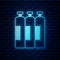 Glowing neon Industrial gas cylinder tank for all inert and mixed inert gases icon isolated on brick wall background