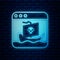 Glowing neon Internet piracy icon isolated on brick wall background. Online piracy. Cyberspace crime with file download