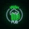 Glowing neon irish pub signboard in circle frame with text on dark brick wall background.