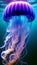 Glowing neon jellyfish with long tentacles swims underwater