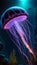 Glowing neon jellyfish with long tentacles swims underwater
