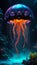 Glowing neon jellyfish with long tentacles swims underwater