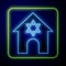 Glowing neon Jewish synagogue building or jewish temple icon isolated on blue background. Hebrew or judaism construction