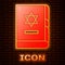 Glowing neon Jewish torah book icon isolated on brick wall background. On the cover of the Bible is the image of the