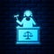 Glowing neon Judge with gavel on table icon isolated on brick wall background