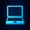 Glowing neon Laptop icon isolated on brick wall background. Computer notebook with empty screen sign