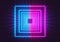 Glowing neon lights square tunnel abstract background. pink and blue vibrant colors. 3d rendering