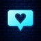 Glowing neon Like and heart icon isolated on brick wall background. Counter Notification Icon. Follower Insta. Vector