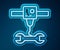 Glowing neon line 3D printer wrench spanner icon isolated on blue background. 3d printing. Vector
