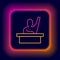 Glowing neon line Active male kid raising hand answering to teacher question icon isolated on black background. An