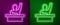 Glowing neon line Active male kid raising hand answering to teacher question icon isolated on purple and green