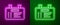 Glowing neon line Airport board icon isolated on purple and green background. Mechanical scoreboard. Info of flight on