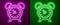 Glowing neon line Alarm clock icon isolated on purple and green background. Wake up, get up concept. Time sign. Vector